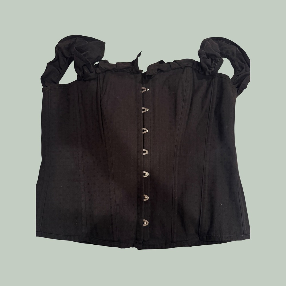 Corset Story Black Cotton Steel Boned Overbust Corset Top Ruffle Strap UK 20